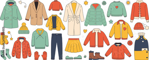 Winter Clothing Vector Collection Featuring Coats, Hats, Gloves, Shoes, and Socks, Cold Weather Outfit Clipart, Seasonal Apparel Icons, Cozy Accessories, Fashion Illustration, and Warm Wardrobe Elemen