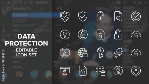 An array of white outline data protection icons floats over a blurry dark office or server room.