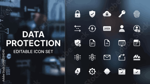 A comprehensive set of white data protection icons are laid out against an abstract, dark digital background.