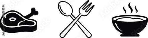 Food icons set with meat steak spoon fork and hot soup bowl symbols isolated flat vector illustration