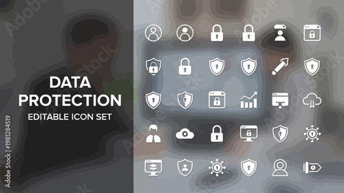 Numerous outline data protection icons are arranged over a softly blurred business office environment background.