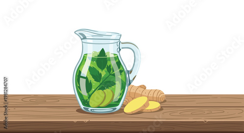 A meticulous glass jug filled with vibrant green herbal infusion sits next to fresh ginger roots on a textured wooden table under bright lighting.