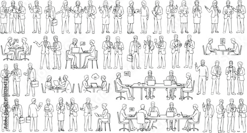 Large collection of business people characters in various office scenarios including team meetings collaborative work networking and professional group discussions line art vector.