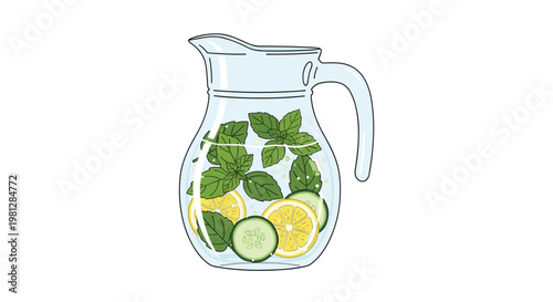 A pristine glass pitcher filled with refreshing detox water containing vibrant mint leaves and citrus slices stands against a clean white background.