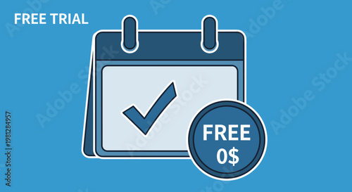 Horizontal banner for free trial offer featuring stylized calendar and check mark with price badge on blue background art.