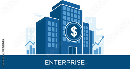 Modern enterprise city buildings illustration featuring dollar currency coin and financial growth charts for corporate.