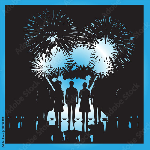 Spectacular fireworks display over silhouetted crowd enjoying festive night celebration