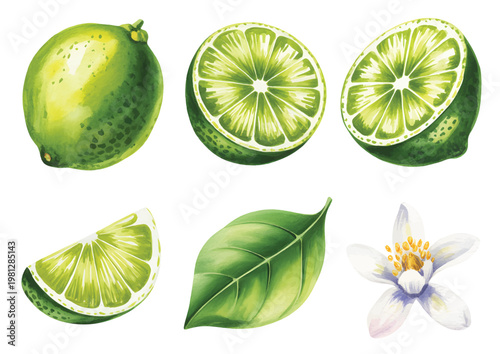 Fresh lime fruit set with slices and leaves watercolor illustration isolated on white background.