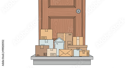 A large assortment of cardboard delivery boxes and padded envelopes is piled high on a grey concrete doorstep before a classic brown wooden front door.