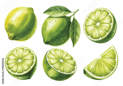 Fresh lime fruit set with slices and leaves watercolor illustration isolated on white background.