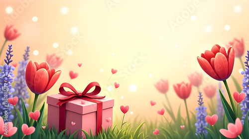 Mother’s Day spring illustration with green grass, red tulips, pastel hyacinths, pink gift box with red ribbon and red hearts. Cozy soft-focus floral background with warm sunlight and bokeh