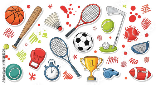 Collection of Sports Equipment and Symbols Illustration.