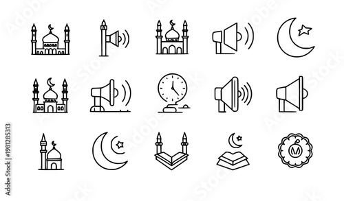 Adhan mosque line icon set Islamic prayer vector collection