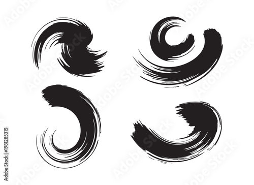 Dynamic black brush stroke swirls abstract ink curves and circular paint smears set on white base