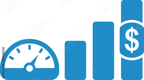 Business performance dashboard icons including speedometer gauge bar chart and dollar currency sign for economic monitoring.