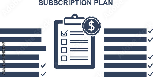 Business subscription plan clipboard with checklist and dollar sign icon for monthly membership billing service concept.