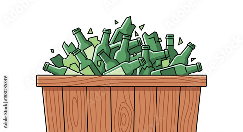 A weathered wooden bin is filled to the brim with a jagged pile of broken green glass bottle fragments and sharp shards for recycling purposes here.
