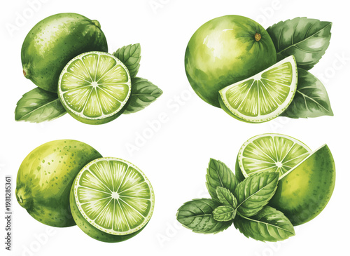 Fresh lime fruit set with slices and leaves watercolor illustration isolated on white background.