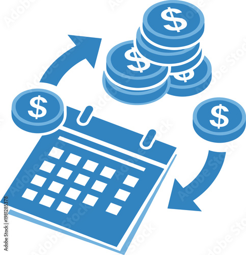 Calendar with coins and arrows indicating cyclical income and expenses for recurring revenue management system.