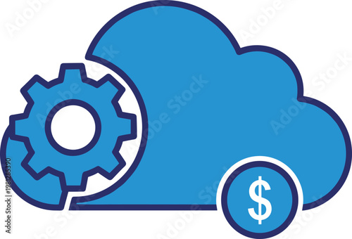 Cloud computing settings icon with gear and dollar coin for infrastructure management on transparent background concept.