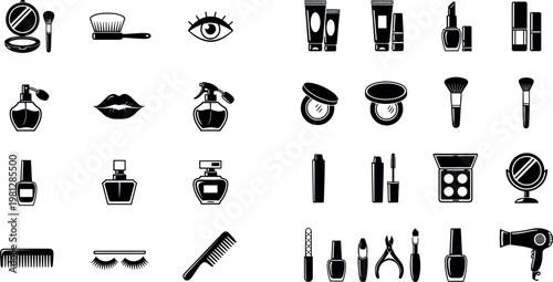 Beauty and Personal Care Icon Set Featuring Perfume, Lipstick, Brushes, Nail Polish, and Hair Tools for Fashion and Grooming Illustrations