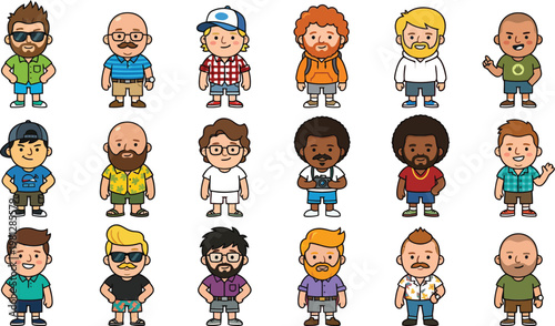 Diverse group of cartoon characters with expressive faces and unique hairstyles Vector