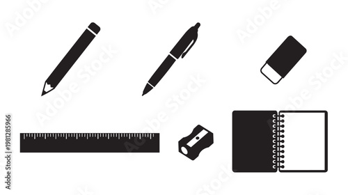 Collection of black stationery and office supply icons featuring pencil, pen, eraser, ruler, sharpener and notebook.