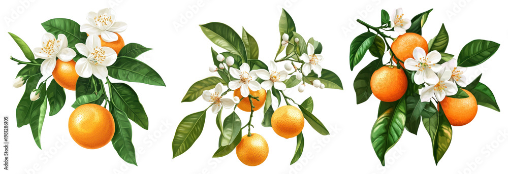 Fototapeta premium PNG Vibrant citrus blossoms and fruits on transparent background