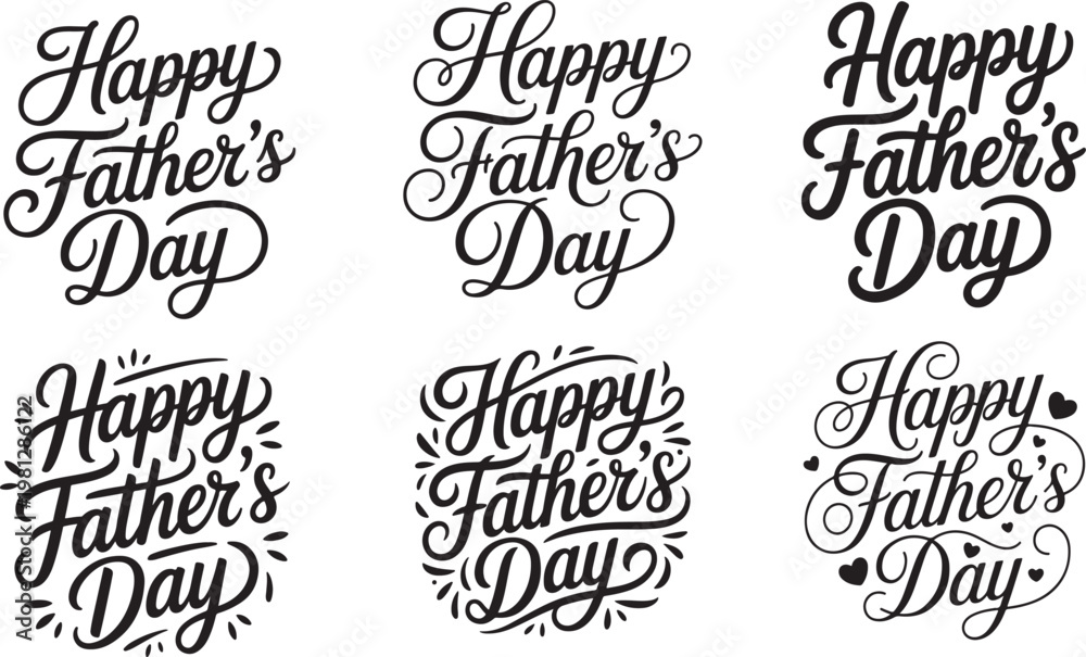 Fototapeta premium Set of six distinct handdrawn calligraphy designs celebrating Fathers Day with elegant typography and decorative elements perfect for greeting cards and social media posts acknowledging dads