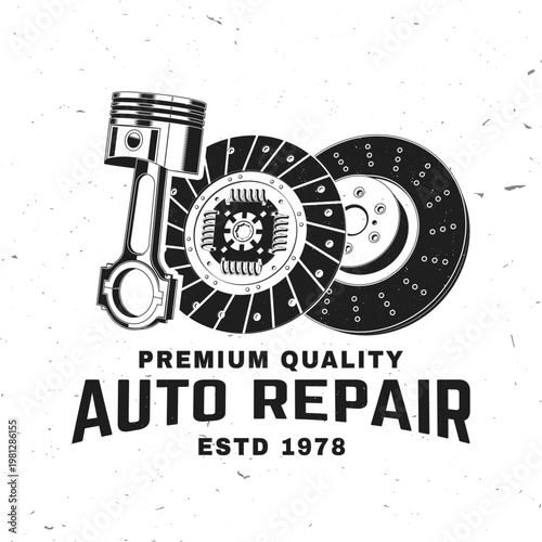 Piston and clutch disc auto repair poster vector illustration engine parts automotive service design for garage workshop print t shirt isolated background