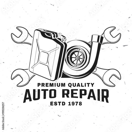 Fuel can turbocharger and wrenches auto repair poster vector illustration automotive service tools and engine parts design for garage workshop print t shirt isolated background