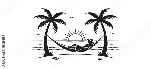 Minimalist silhouette of a woman relaxing in a hammock between two palm trees on a tropical beach at sunset.
