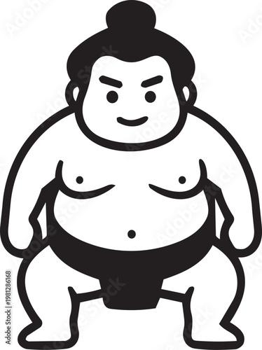 Minimalist black and white line art illustration of a traditional Japanese sumo wrestler mascot in a classic pose.