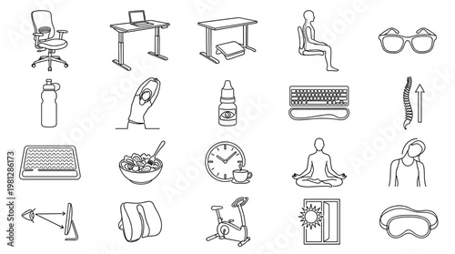 Minimal line icons of daily activities and lifestyle objects including office desk fitness yoga and home items, ideal for apps, planners, and user interface design.