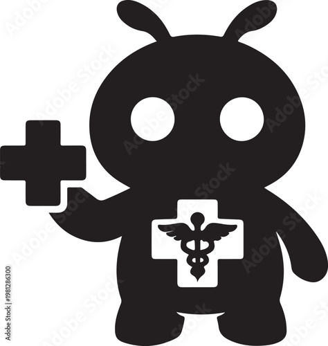 Cute cartoon monster with caduceus symbol and medical cross illustration.
