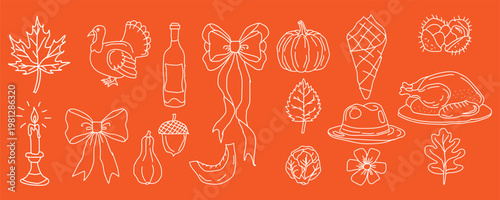 Collection of various christmas ornaments and decorations on orange background