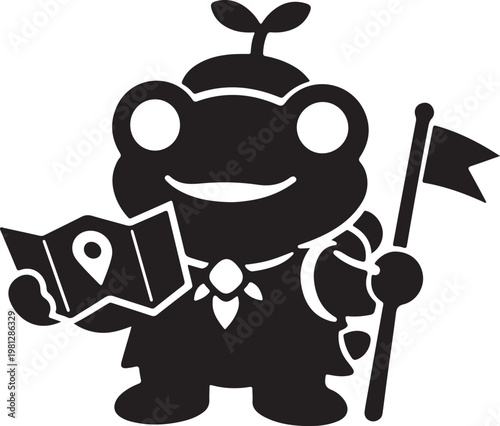 Happy cartoon frog character holding map and flag illustration.