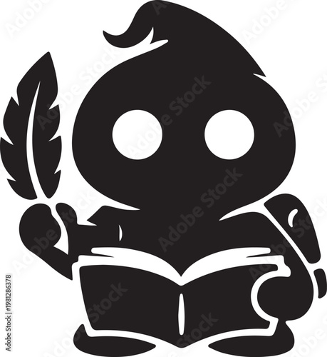 Ghost character reading book and holding feather quill illustration.