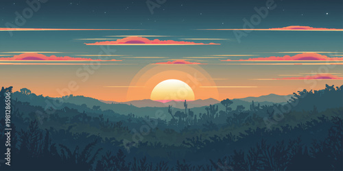 The beautiful orange and red light of a sunset and sunrise glows over mountain horizons and the sea, reflecting vibrant colors across the summer sky and clouds at dusk and dawn