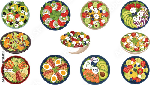 Creative and colorful bento box combinations featuring fresh ingredients Vector