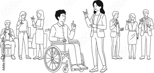 Meeting with a diverse group of people including someone in a wheelchair. Vector
