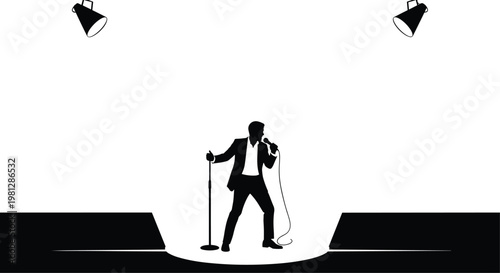 A silhouetted figure of a man in a suit stands center stage with a microphone illuminated by spotlights