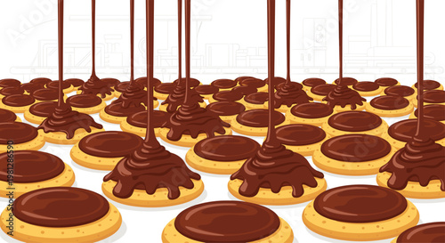 Numerous round golden biscuits move along an industrial production line while being generously coated with thick flowing dark chocolate from multiple overhead pouring spouts.