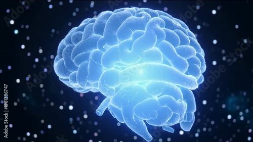 Ai Brain Glowing Particles Rotating Slowly In Dark Space. Glowing Particle Motion, A Brain Like Form, And Dark Space Contrast Shape The Ai Subject