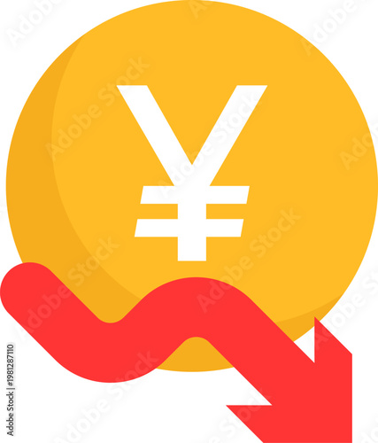 Chinese yuan Currency Depreciation Icon with Red Downward Arrow Illustrating Financial Loss and Economic Downturn