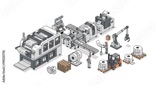 A detailed isometric industrial factory floor showcases a complex label production line with workers operating machinery and a forklift moving large paper rolls.