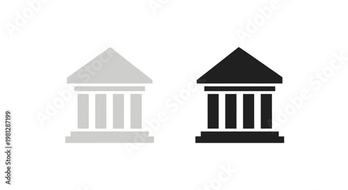 A minimalist depiction of two classical buildings one in light gray and one in black