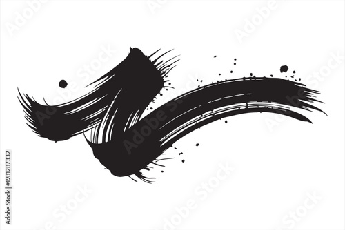 Abstract black ink brush stroke with splashes and droplets, oriental calligraphy