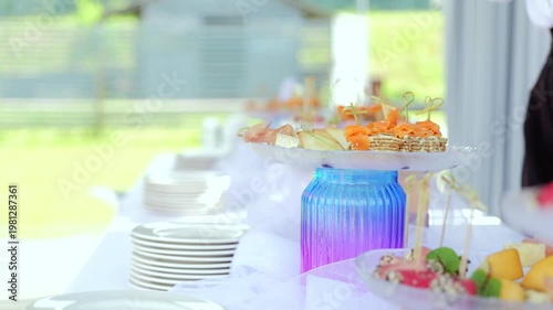 Professional server positioning gourmet canapes on decorated buffet, setting up refined culinary display for elegant outdoor summer garden reception