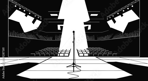 Dramatic stage spotlight a lone microphone stands center stage illuminated by bright lights creating a powerful performance atmosphere